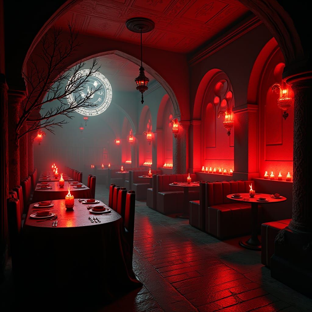 Eerie Horror Night Cafe in Crimson Red Glow