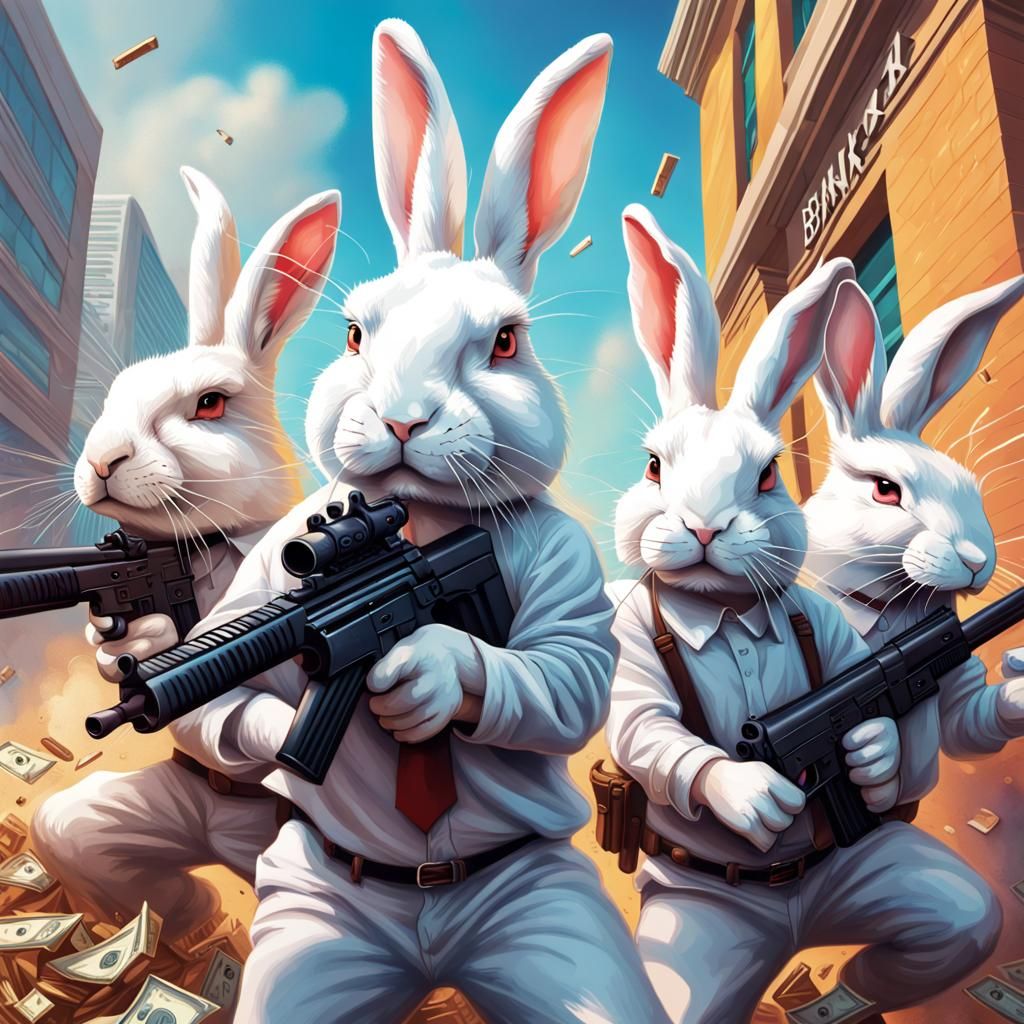 Hyperrealistic Rabbits Robbing a Bank