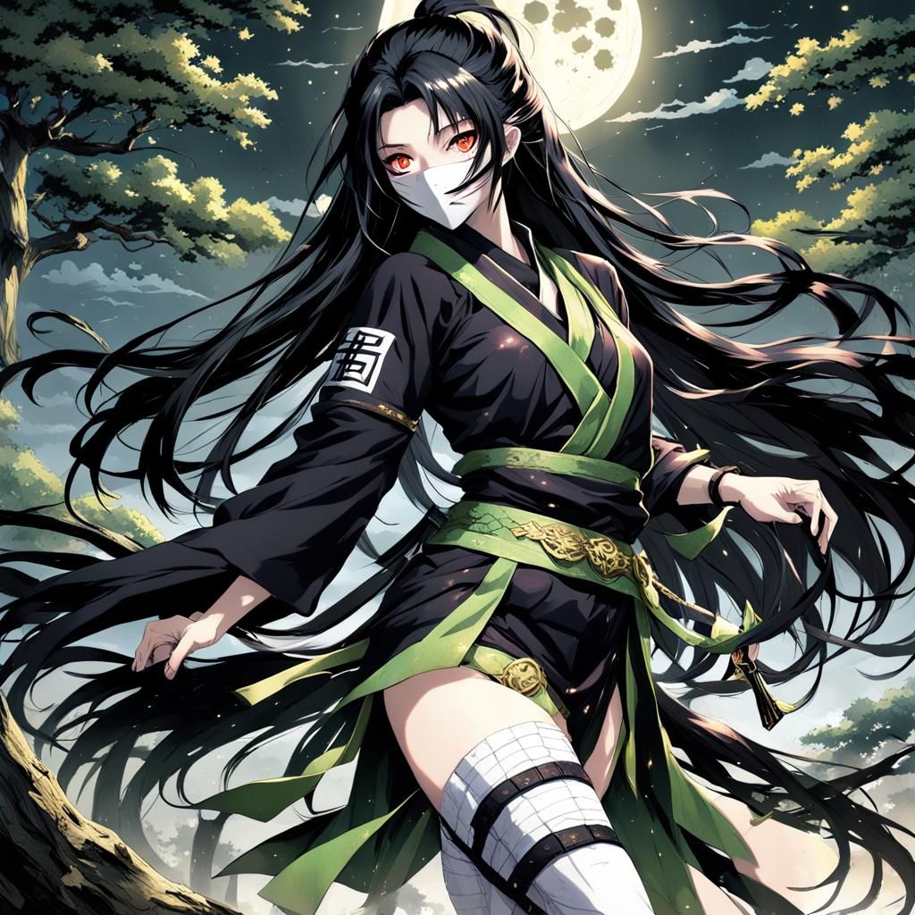 Anime Ninja Girl with Crow Jutsu in Manga Style