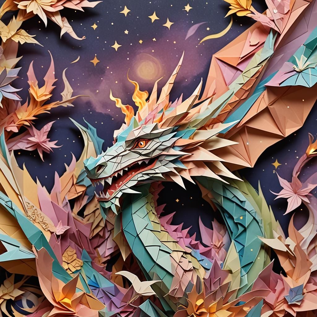 Fiery Origami Dragon Against Starry Night Sky