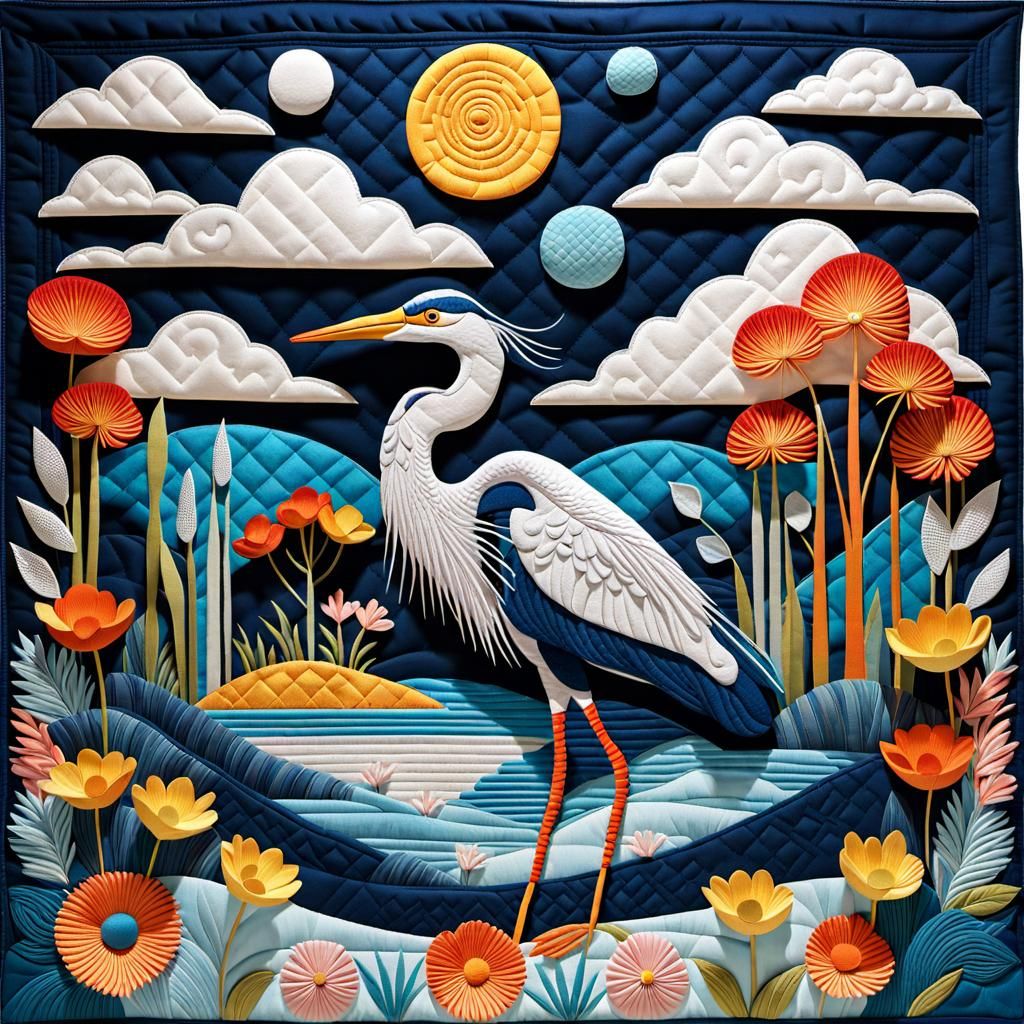 Quilted 3D Heron by Lake Under Full Moon