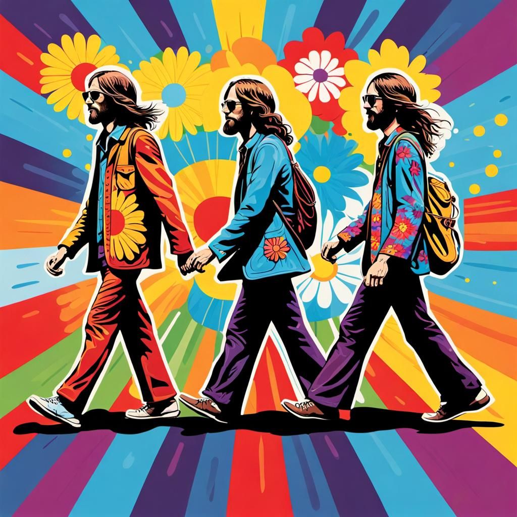 Hippies on Pedestrian Crossing in 60s Art Style