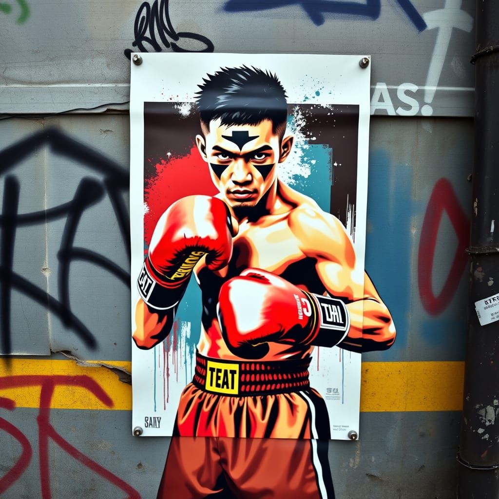 Determined Thai Boxer on Vibrant Poster