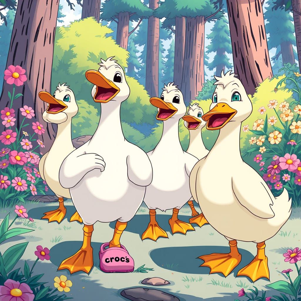 Anthropomorphic Ducks in Vibrant Crocs in Anime Style