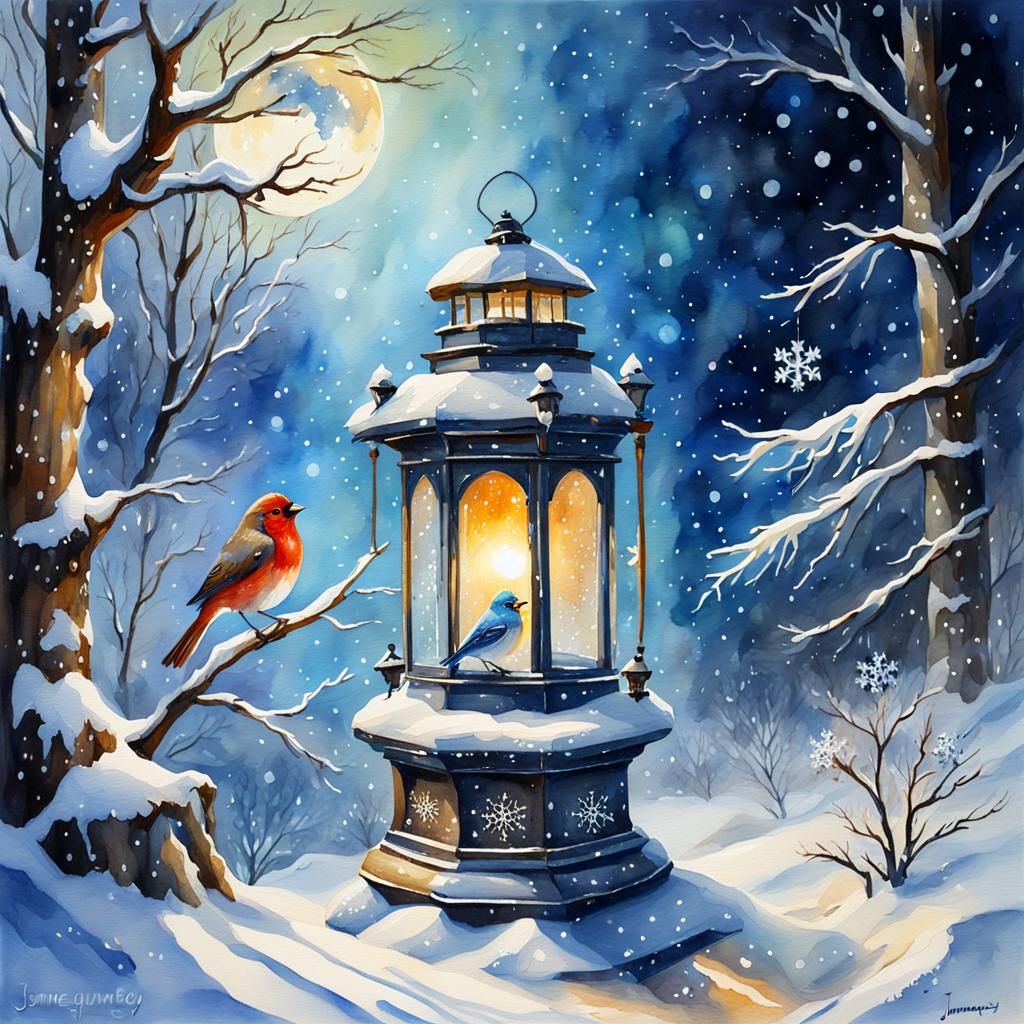 Snow Globe with Lantern and Bird, Oil Painting