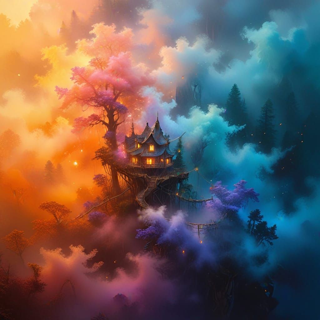 Ethereal Redwood Village in Vibrant Sunset Hues