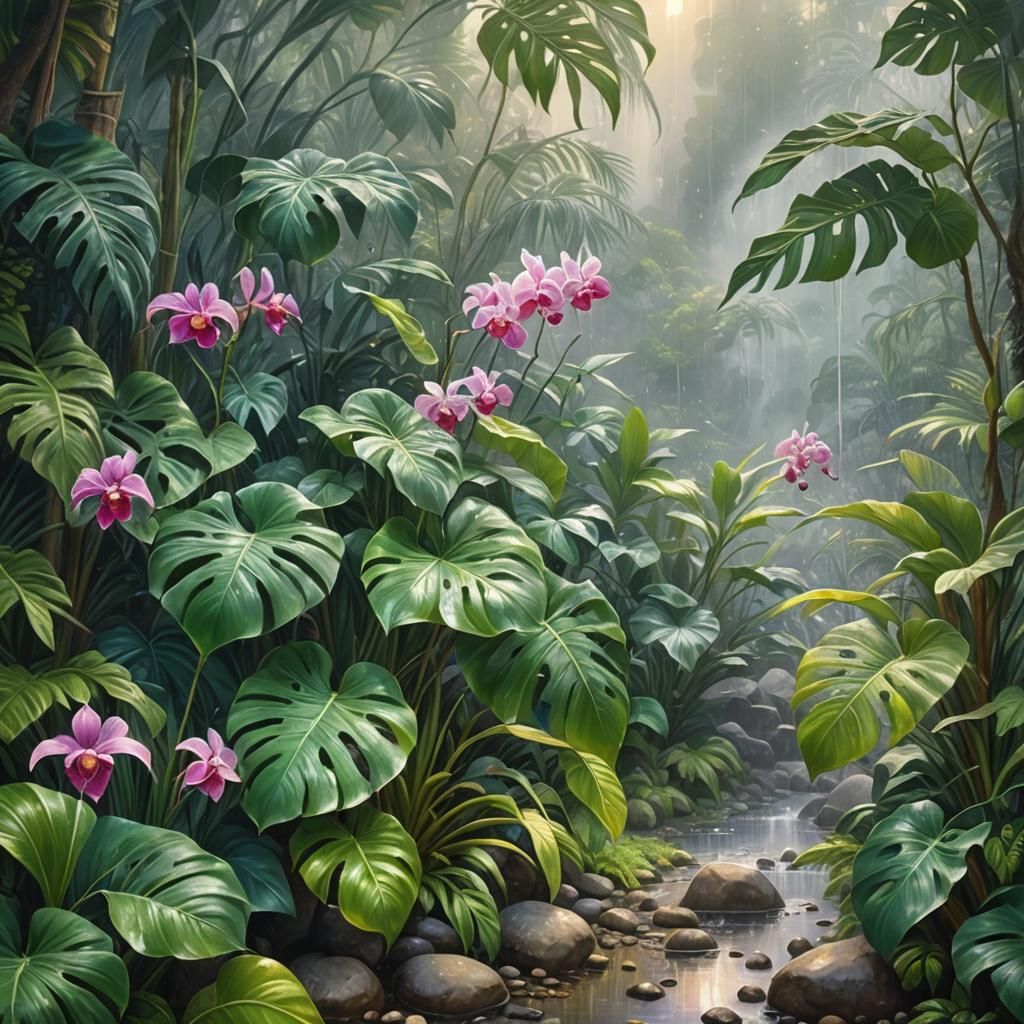 Lush Tropical Landscape in Colored Pencil Style