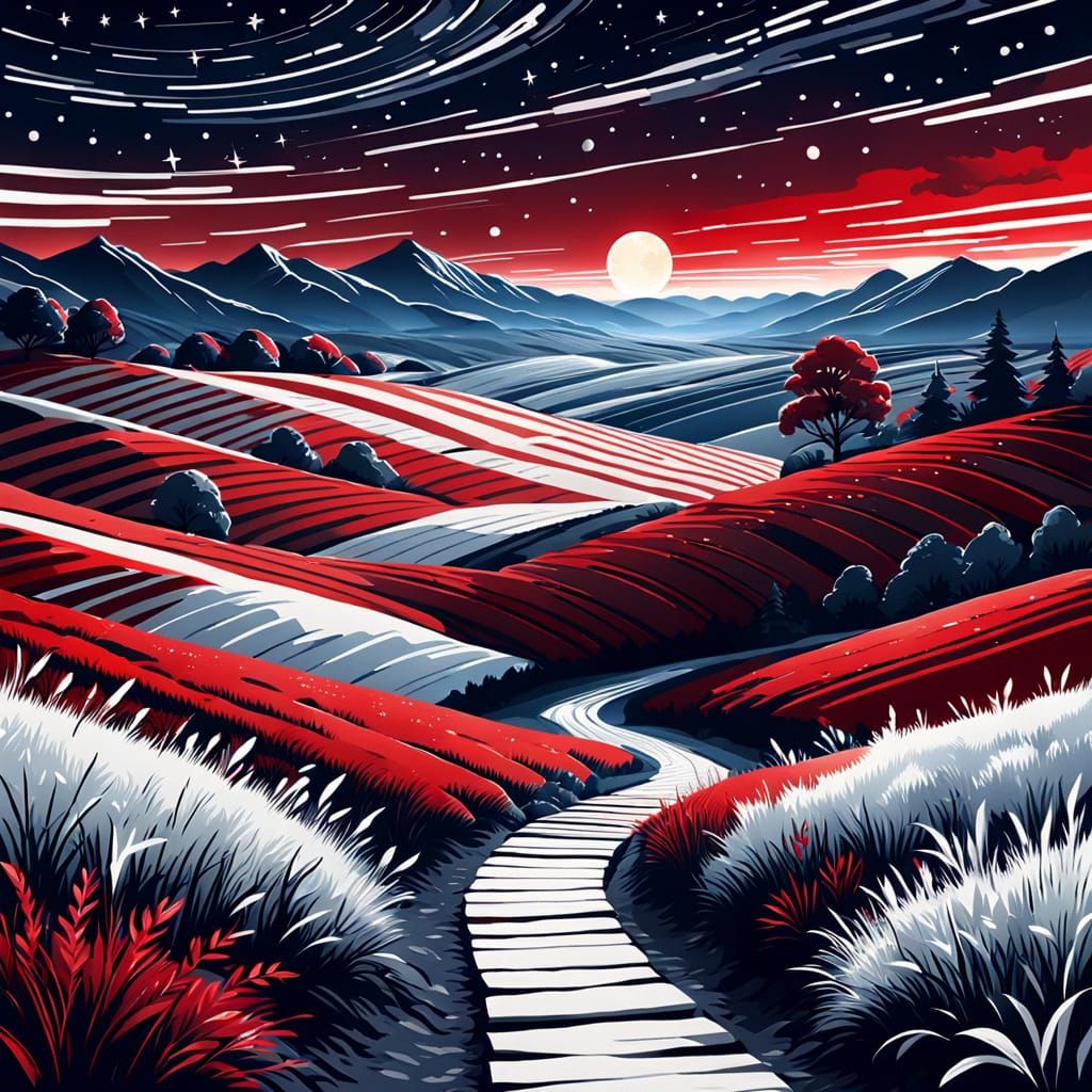 Red and White Striped Landscape with Starry Night Sky