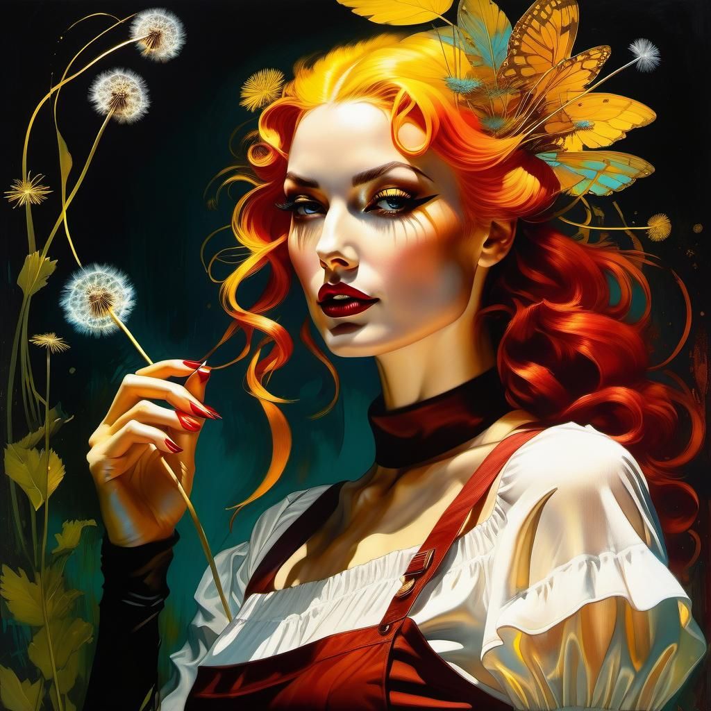Dandelion Girl in Noir Secret Garden Illustration