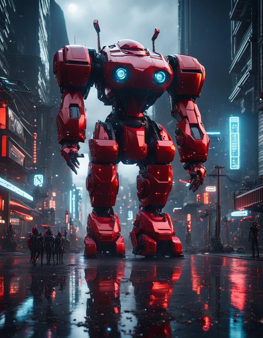 Giant Red Robot in Futuristic City at Night