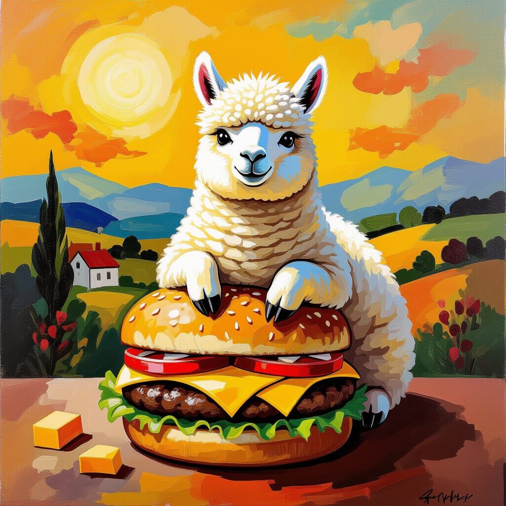Alpaca on Cheeseburger Surreal Impressionist Painting