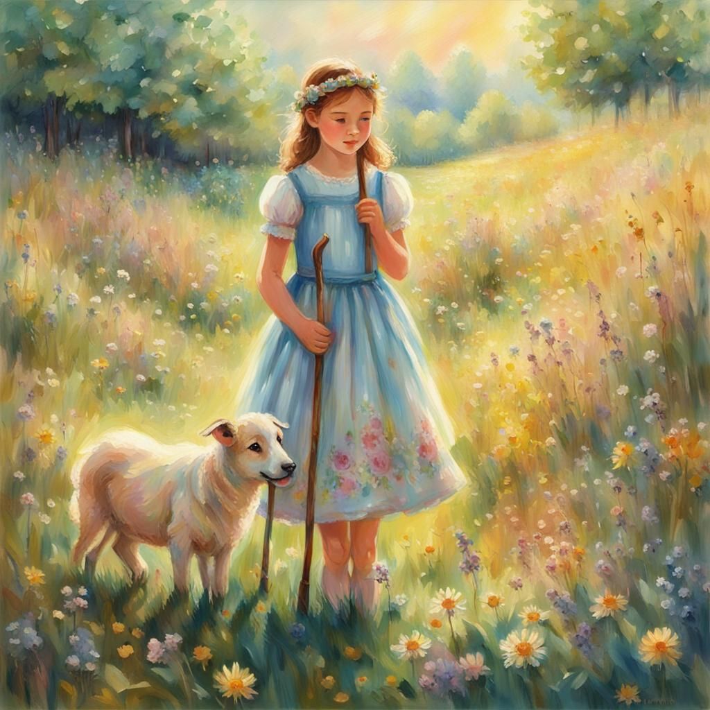 Innocent Girl in Enchanting Meadow, Soft Impressionist Style