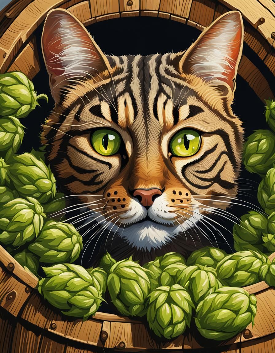 Tabby Cat in Hops Barrel: Hyperrealistic Portrait
