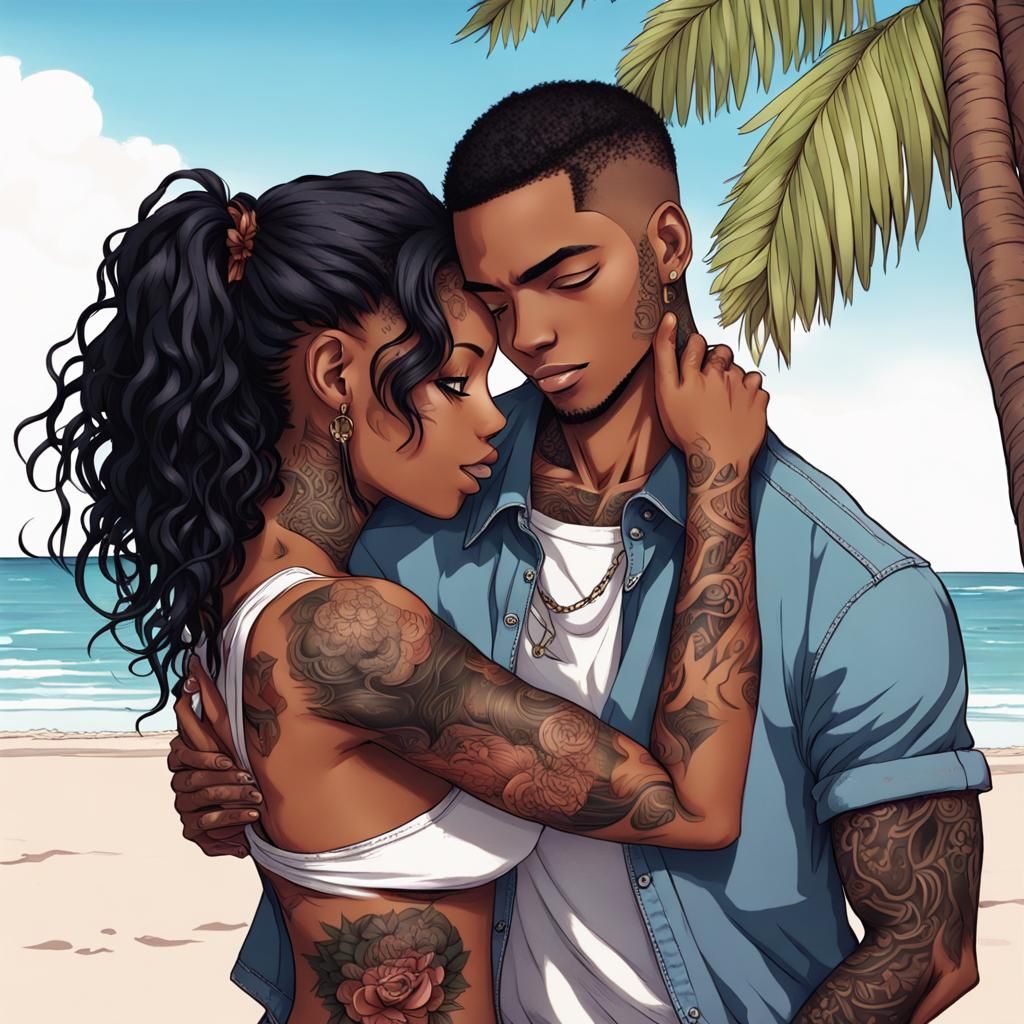 Manga Couple Embrace on the Beach