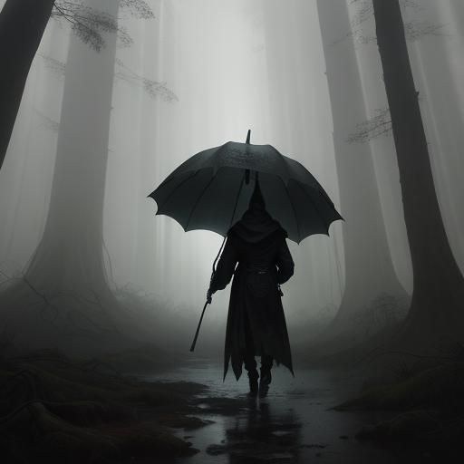 Ethereal Hooded Figure in Misty Forest Oil Painting