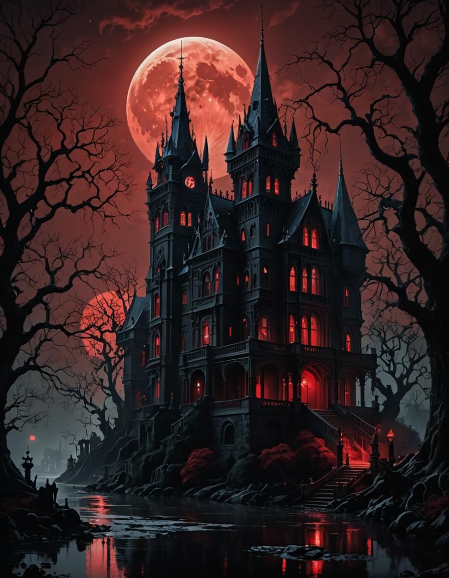 A towering, ominous gothic mansion with spires and dark arch...