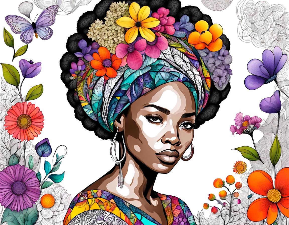 Zentangle Art: African American Woman with Spring Flowers