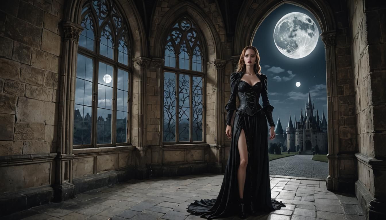 Gothic Castle: Woman in Thong Bathed in Moonlight