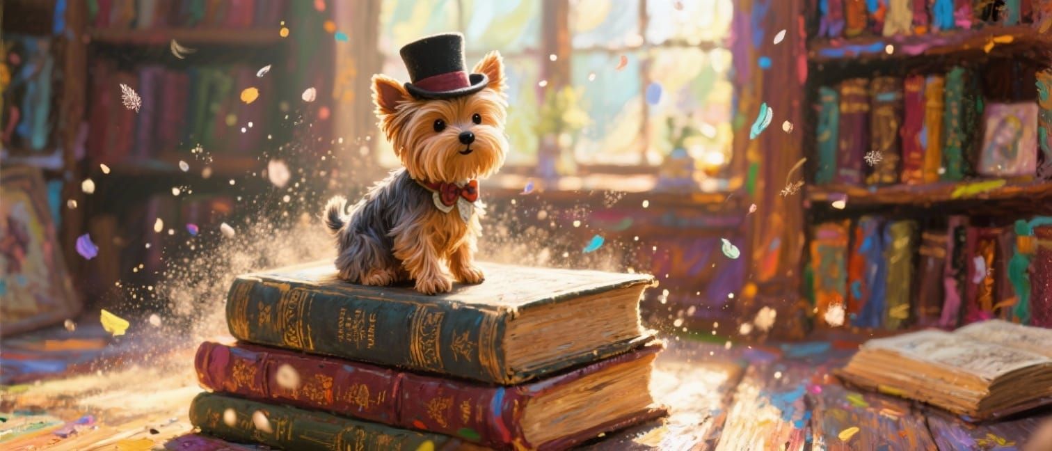 Tiny Yorkie in Top Hat on Books in Sunlit Library