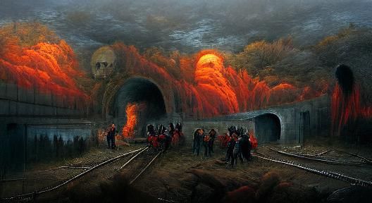 Infernal Sunset: Trains Ablaze in Gothic Horror