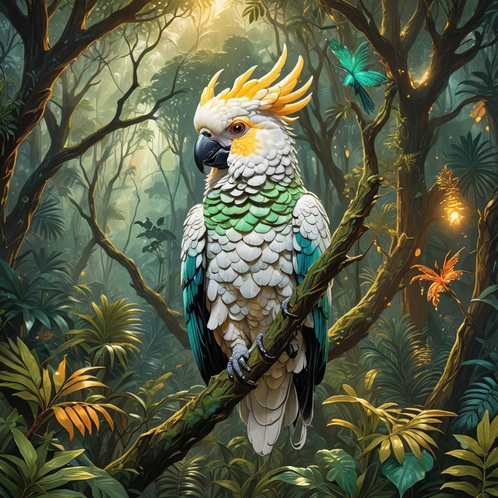 Cockatoo and Cheetah-Tiger in a Mystical Forest