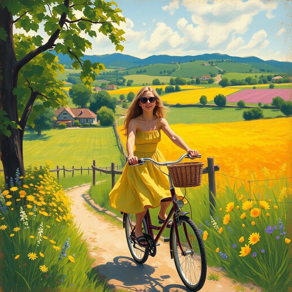 Fox Rides Bicycle through Impressionistic Landscape