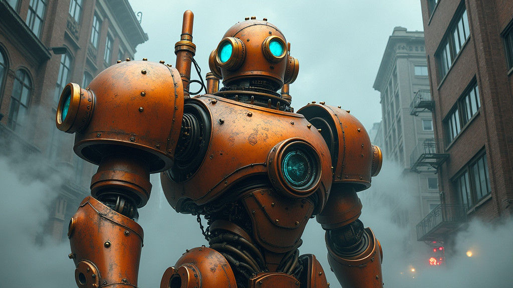 Steampunk Robot in Misty Industrial Cityscape
