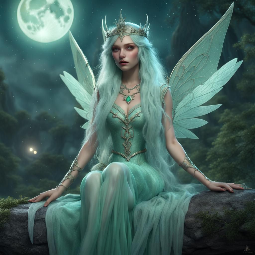 Amazonite Elf with Wings in Fantasy Landscape