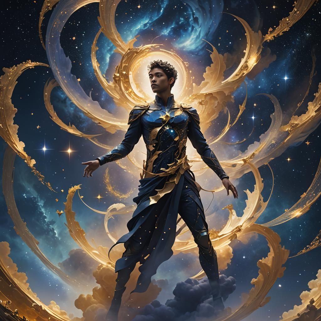 Stylized Figure Floating in Celestial Nebula: Matte Painting