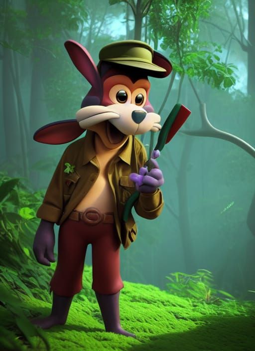 Rabbit Ranger in Psychedelic Jungle: 3D Digital Art