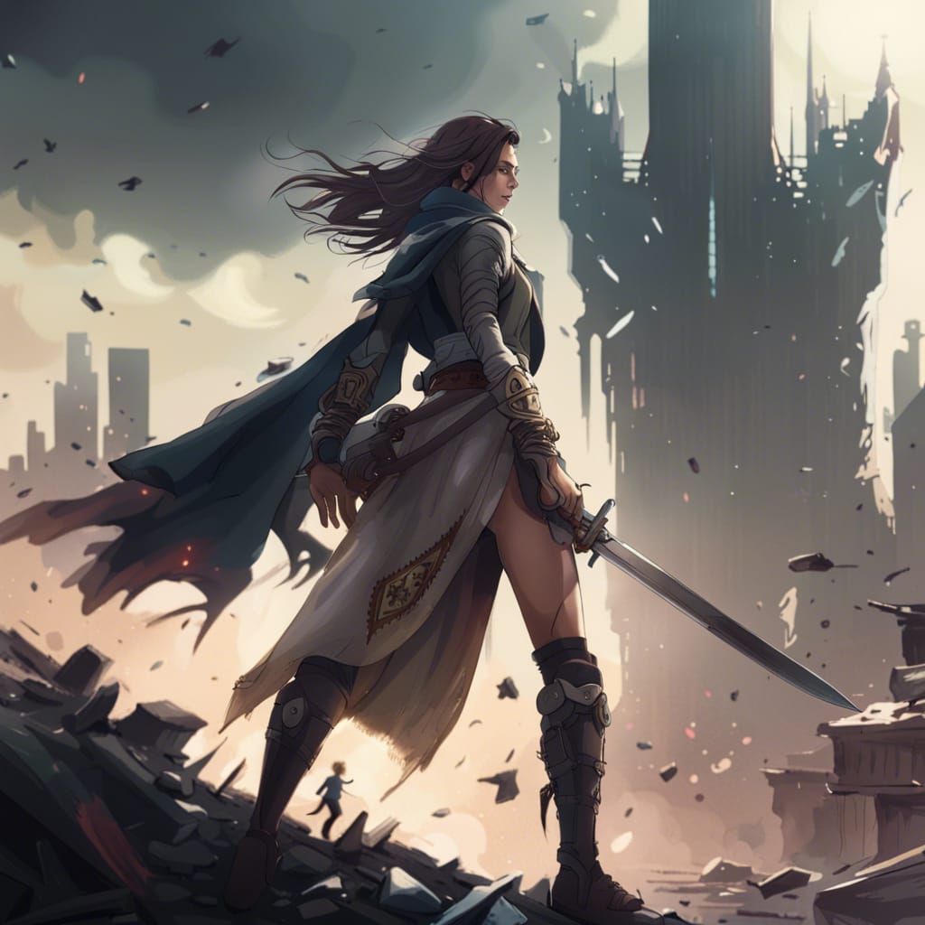 Teenage Heroine Above Ruined City: 3D Game Art