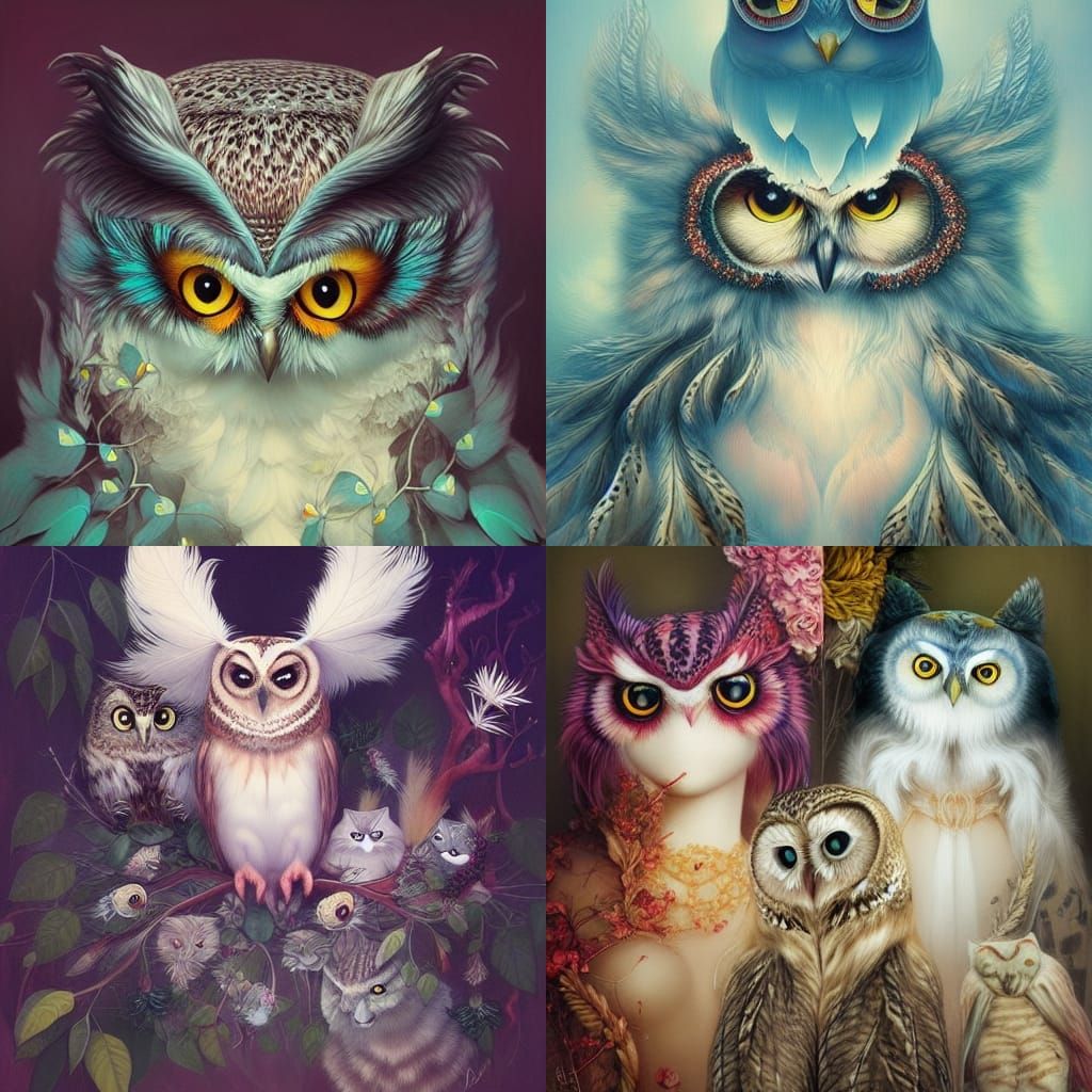 Whimsical Owls and Cats with Feathers