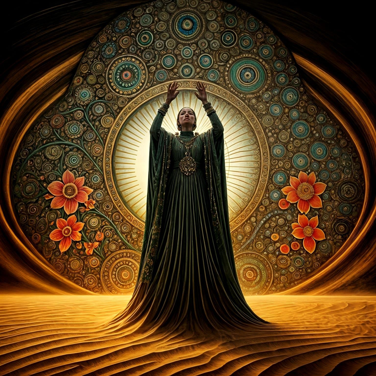 Mystic Figure in Gustav Klimt Style Surreal Landscape