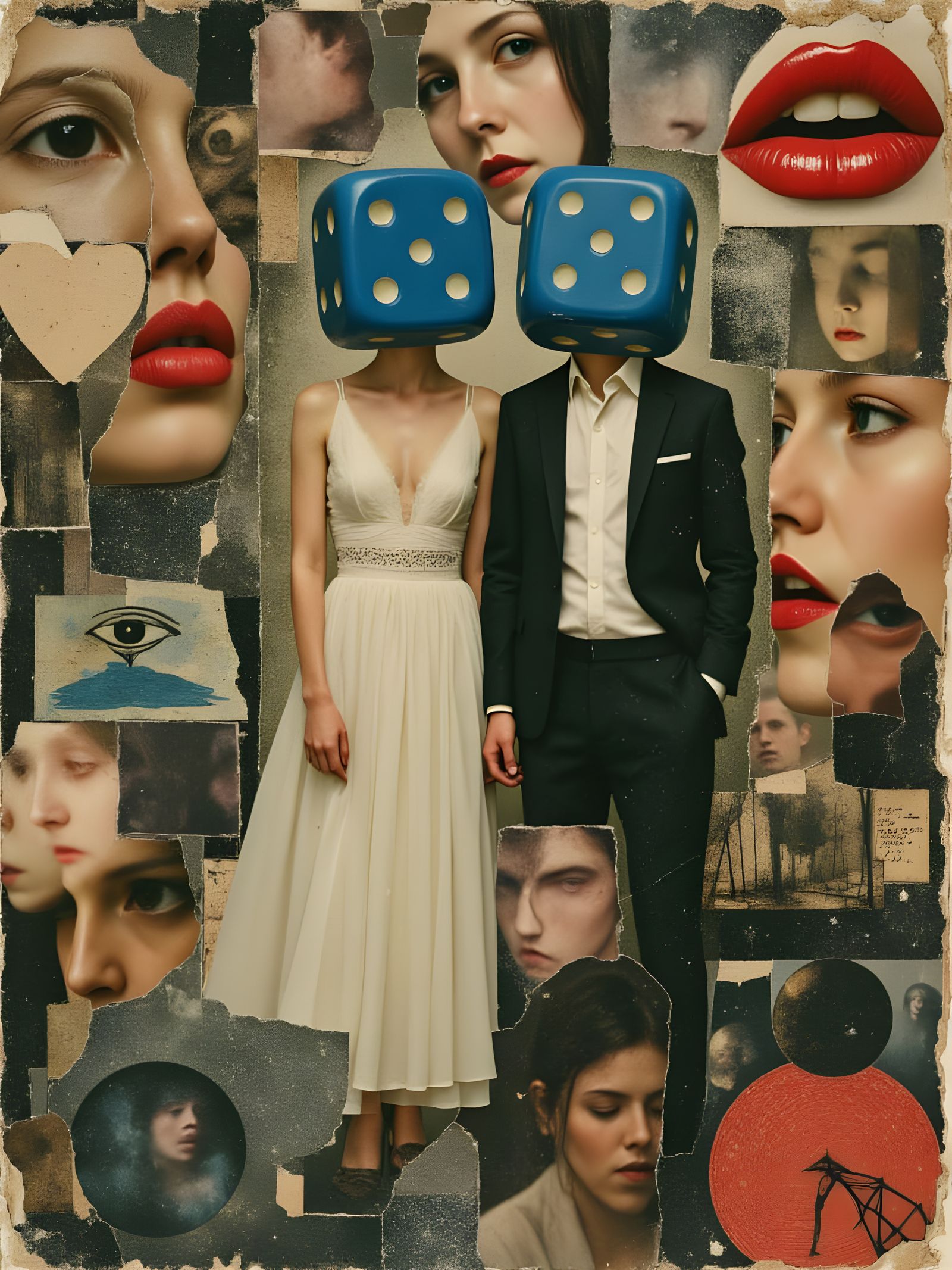 Wedding Couple with Blue Dice Heads in Surreal Casino