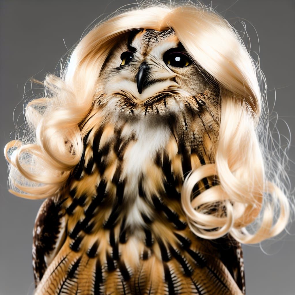 Owl Adorned with Blond Wig in Professional Photo