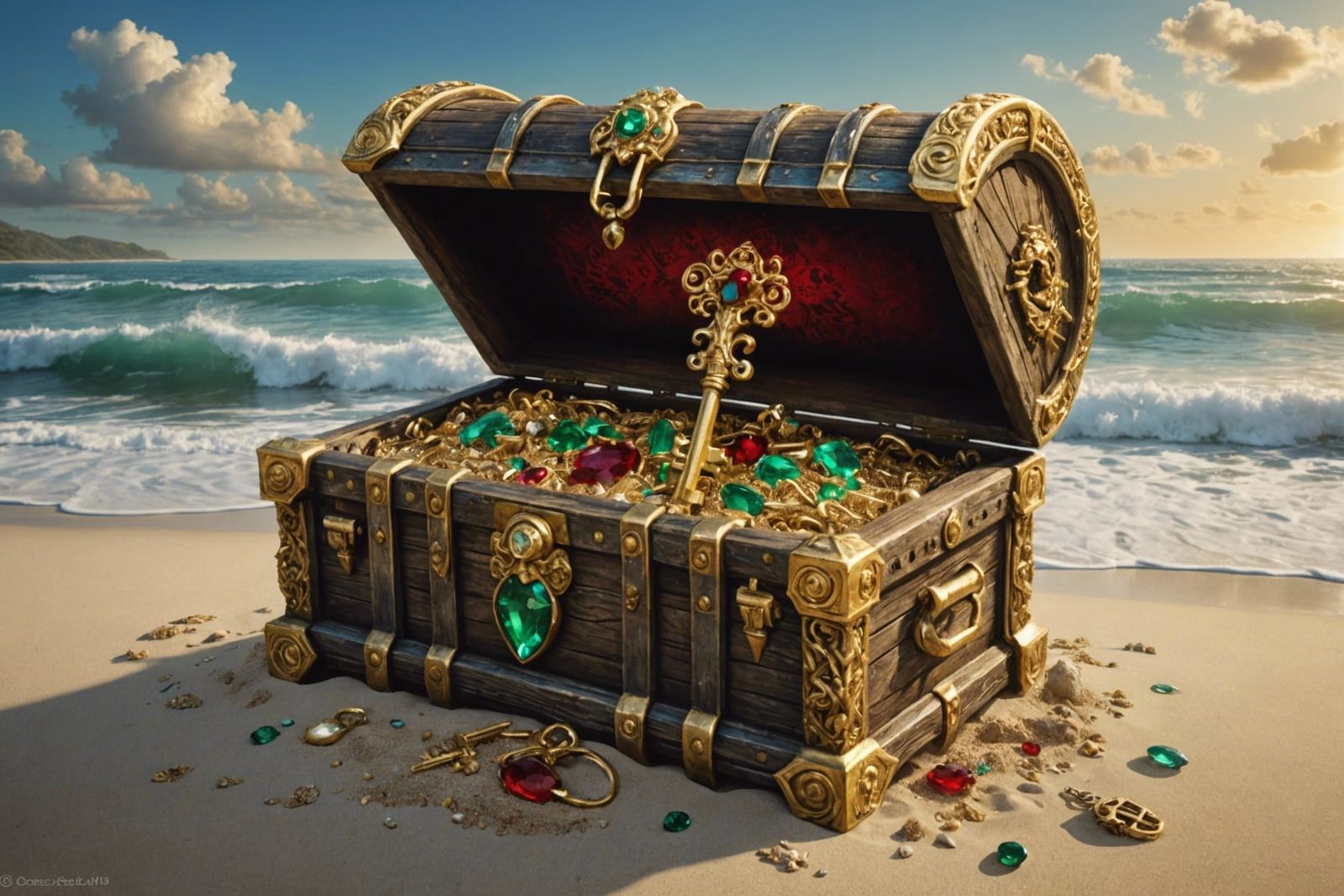 Jeweled Golden Key on Beach Treasure Chest