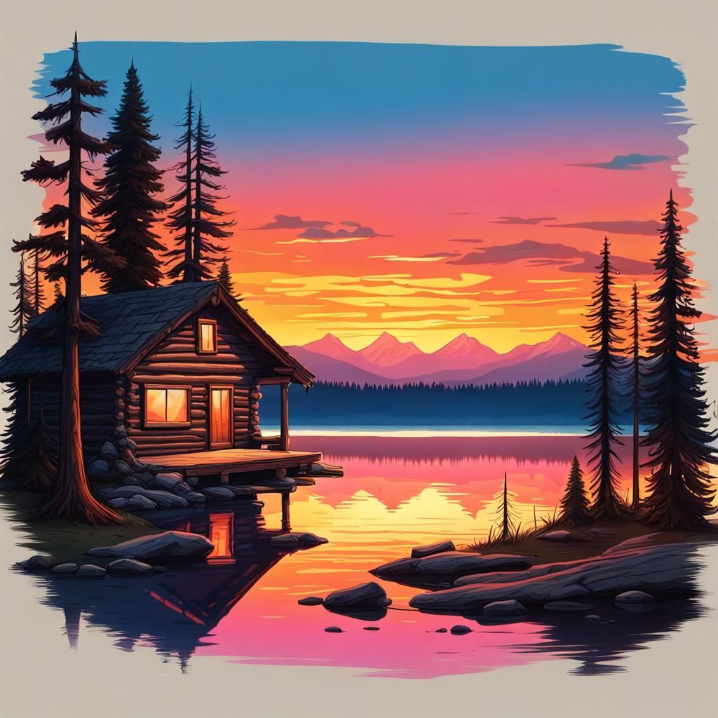 Log Cabin at Sunset: Hyper-Realistic Colorful Drawing