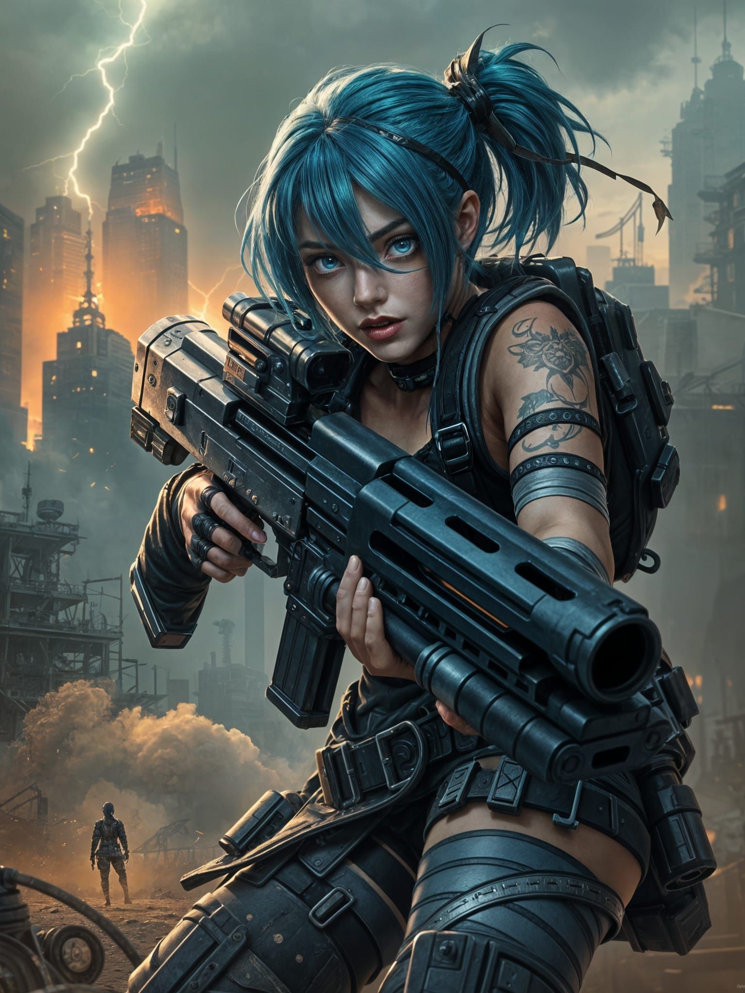 Cyberpunk Bandaged Warrior in Apocalyptic Cityscape