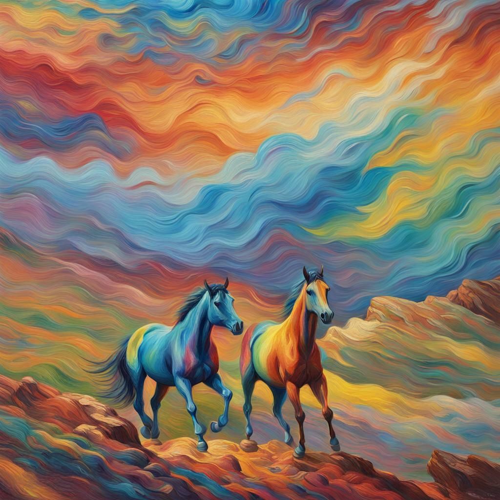 Rainbow Horse Oil Painting in Impressionistic Style