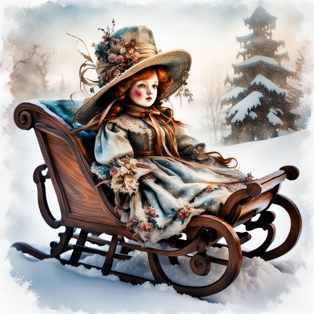 Antique Doll in Sleigh: Digital Watercolor Art