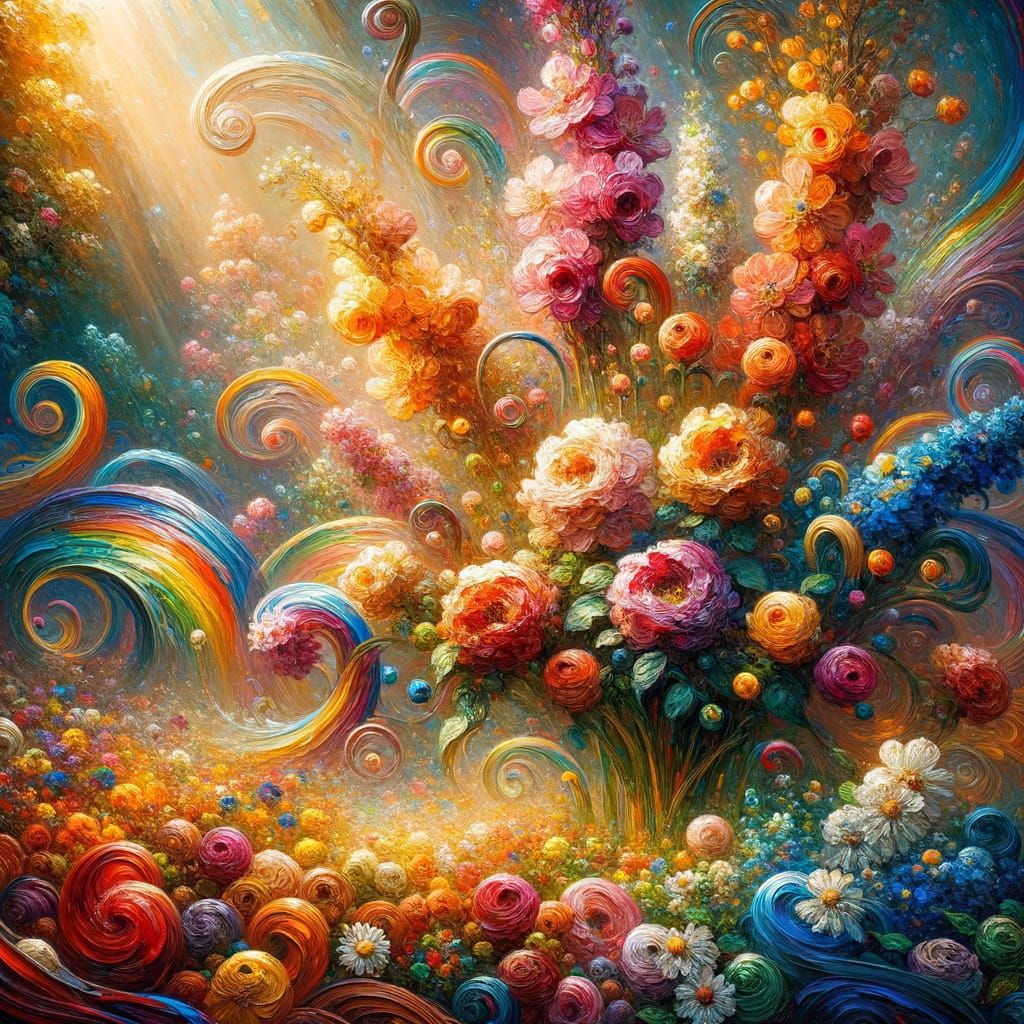 Expressionist Flowers and Rainbows as Impasto Painting