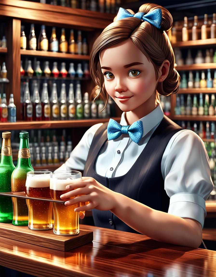 Female Bartender Polishing Glass in Anime Style