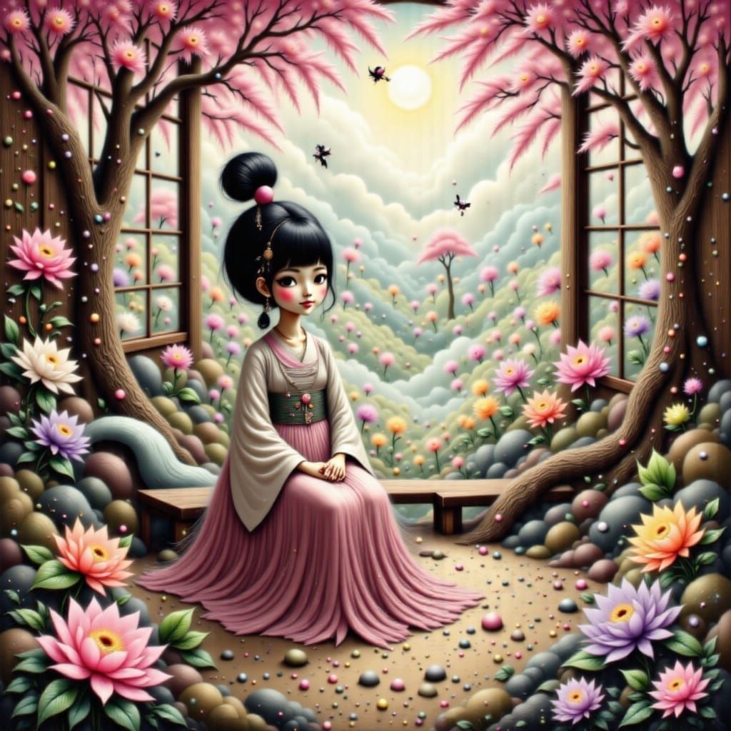 Girl in Sakura Room with Volumetric Lighting