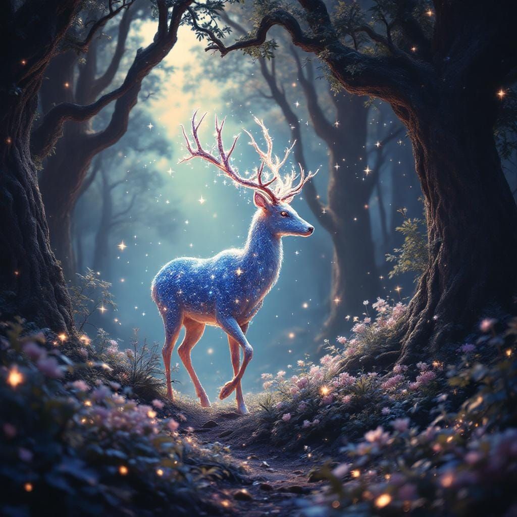 A mystical deer made of stardust and moonlight wanders through an enchanted forest, its antlers adorned with glowing con...