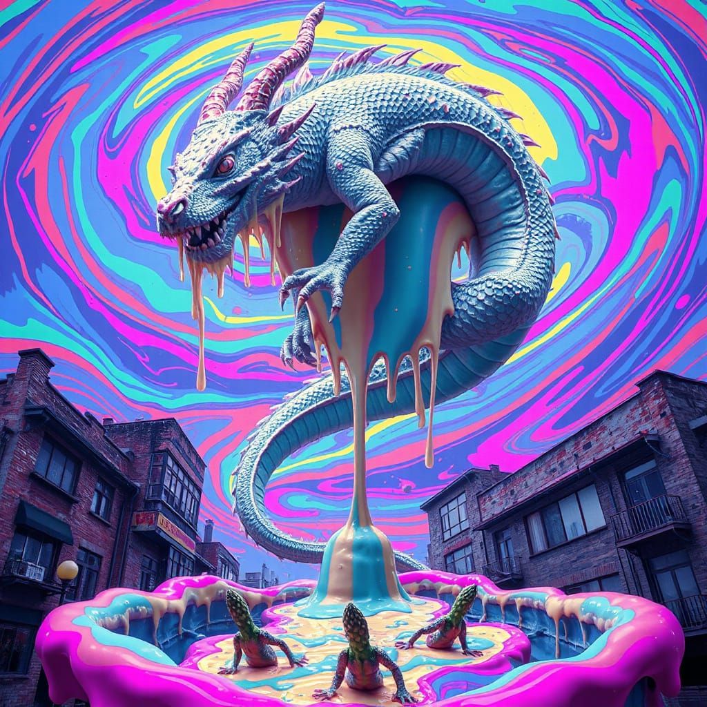 Surreal Neon Dreamscape with Melting Dragon and Asparagus Pe...