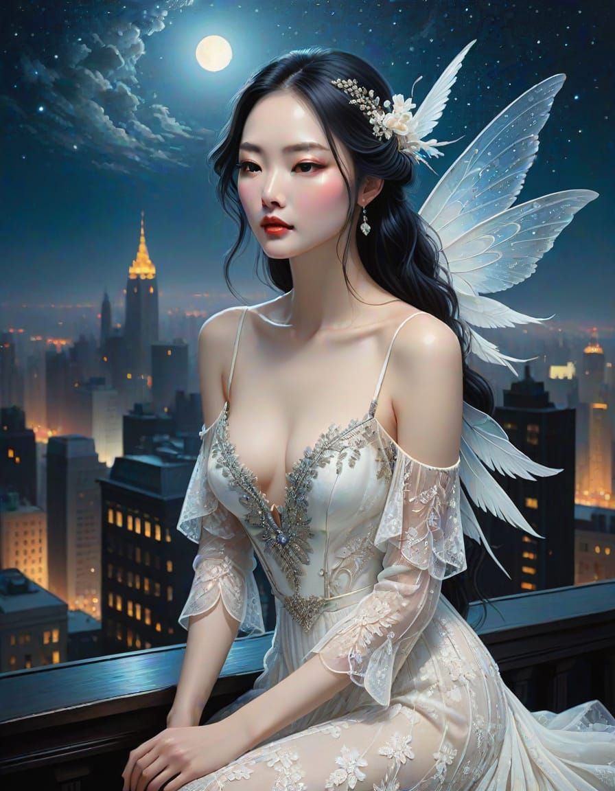 Ethereal City Goddess in Lavish Gown and Iridescent Wings