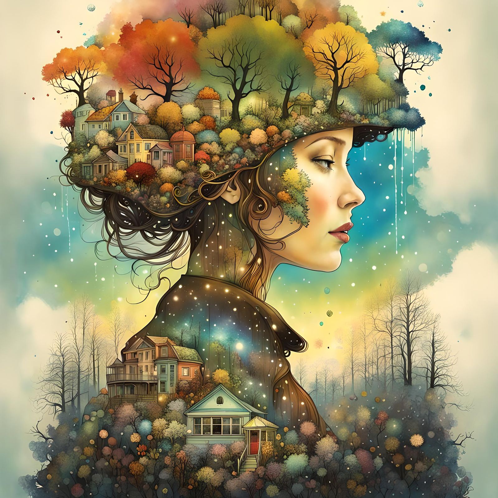 Galaxy Dripping into Seasons Double Exposure Art