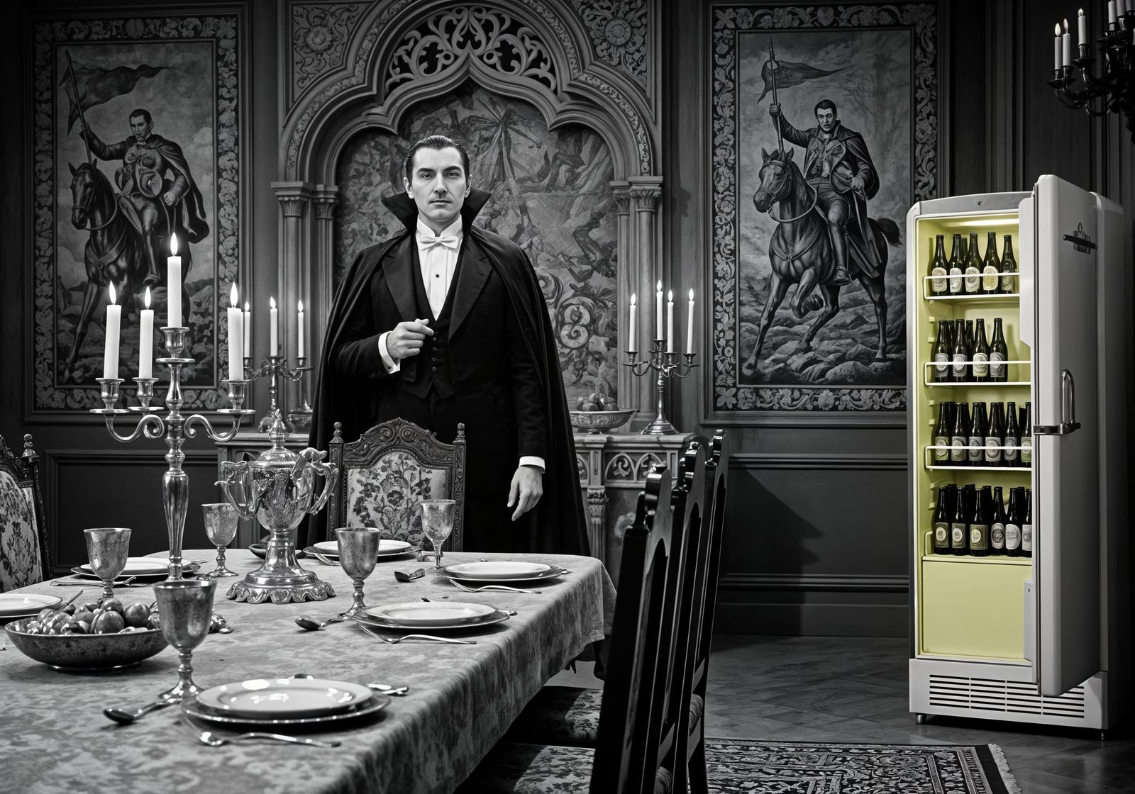 Dracula's Gothic Dining Room with Modern Beer Contrast