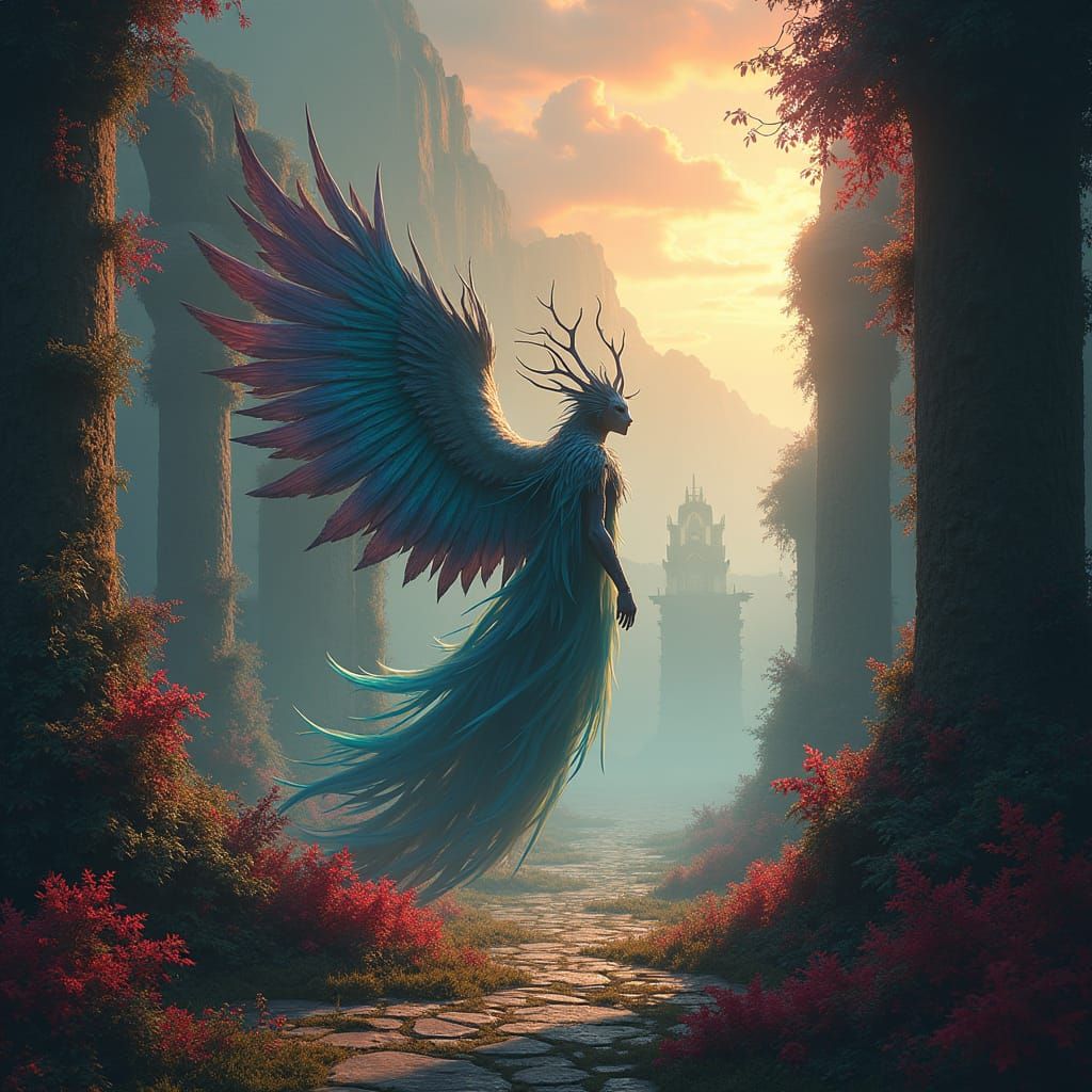 Mystical Serafim in Ancient Ruins, Matte Painting