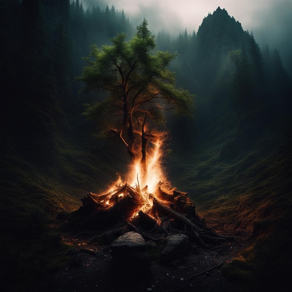 Mystic Mountain Forest With Floating Rock Fireplace